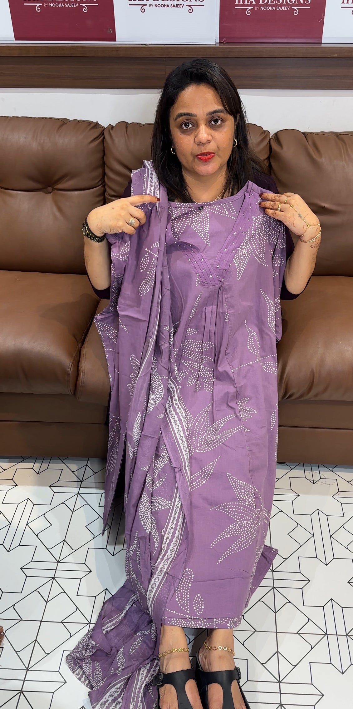 COTTON LONG ALINE TOP,BOTTOM AND DUPATTA - IHA 23934