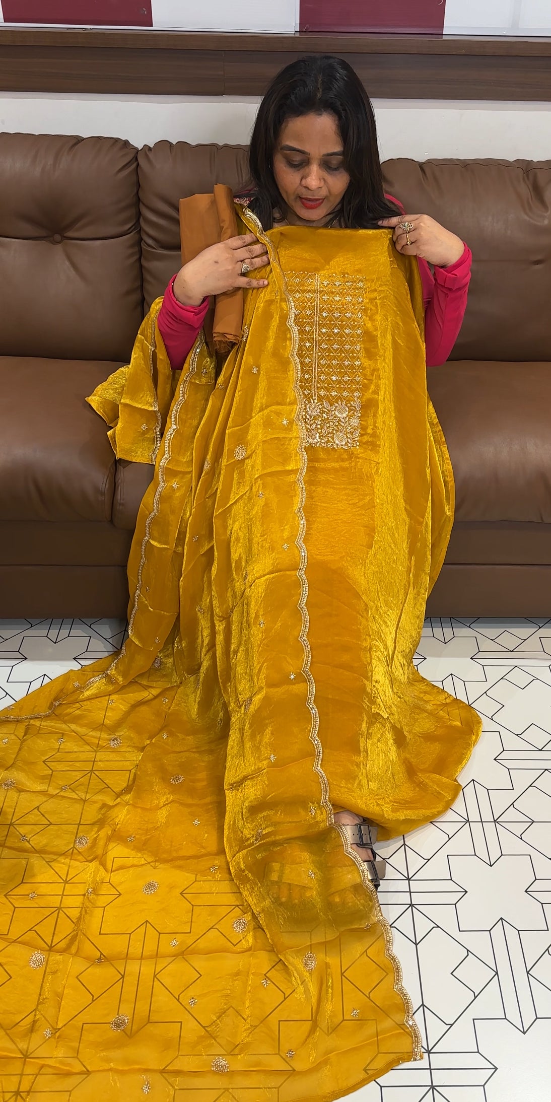 VELVET ORGANZA UNSTITCHED SALWAR SUITS - IHA 24988