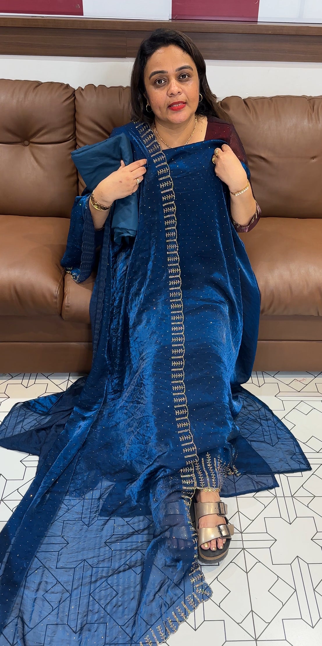 VELVET ORGANZA UNSTITCHED SALWAR SUITS - IHA 25423