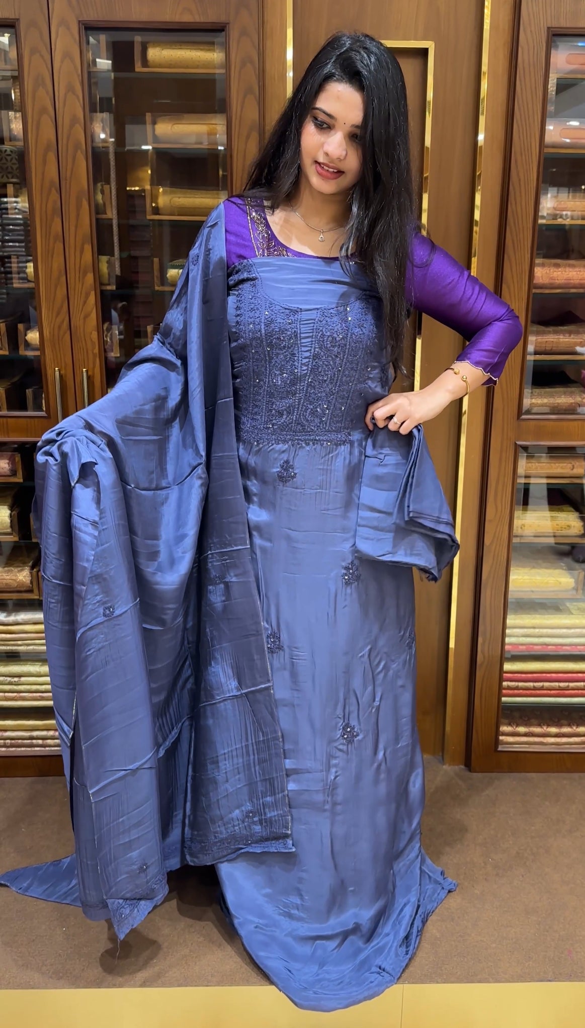 CRAPE SILK CHIKANKARI UNSTITCHED SALWAR SUITS - IHA 25133
