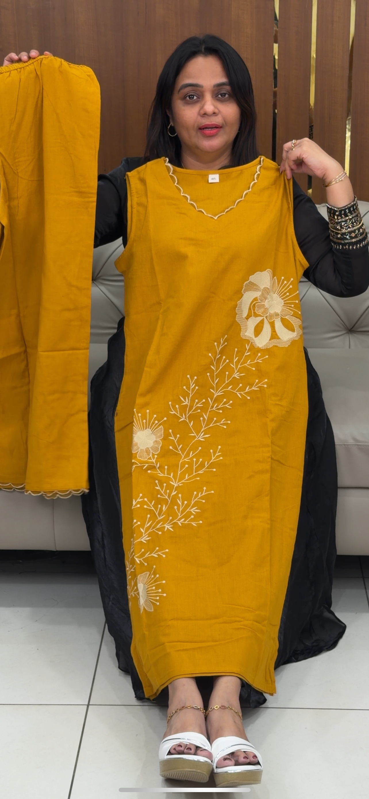 COTTON LINEN LONG SLITTED TOP AND BOTTOM - IHA 29097