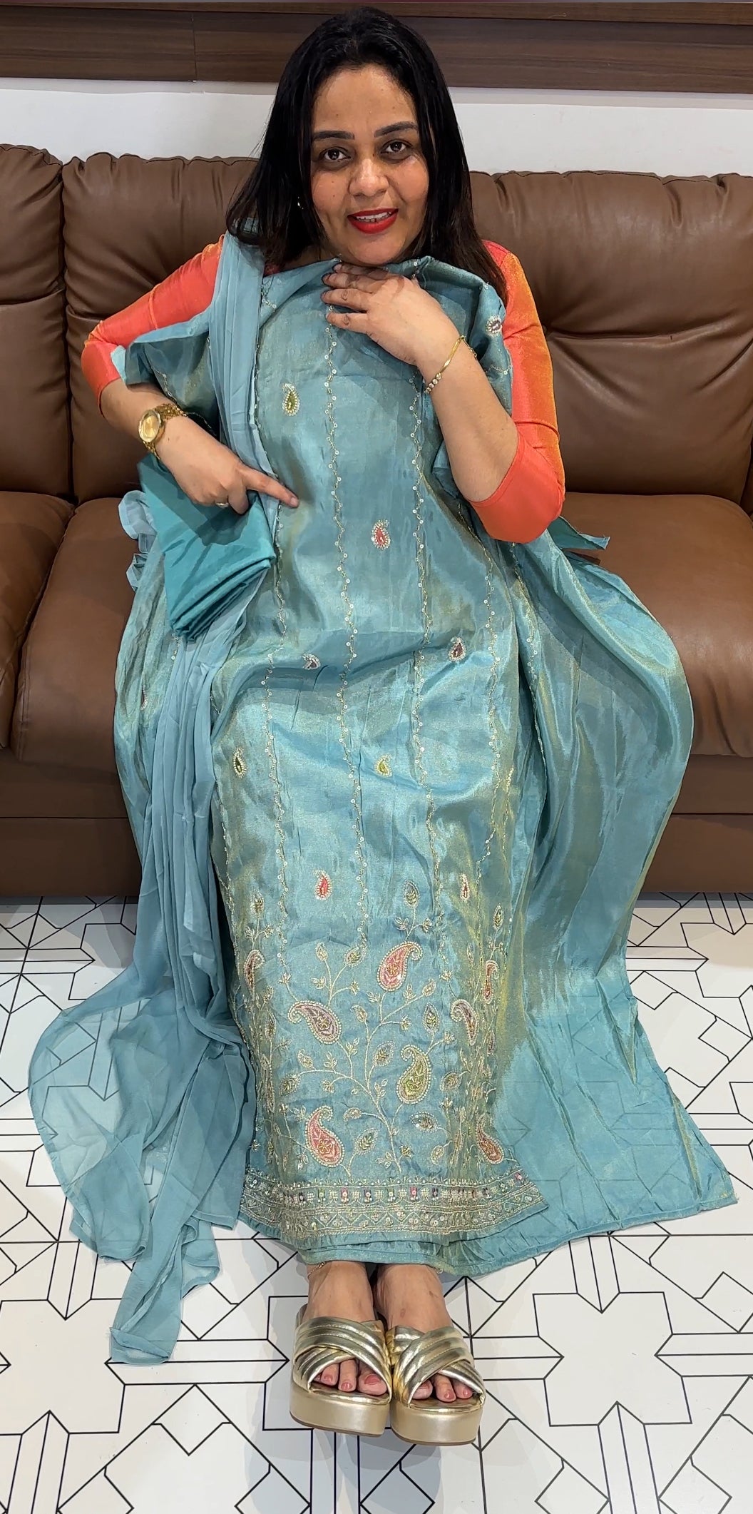 HAND WORKED TISSUE UNSTITCHED SALWAR SUITS - IHA 22124
