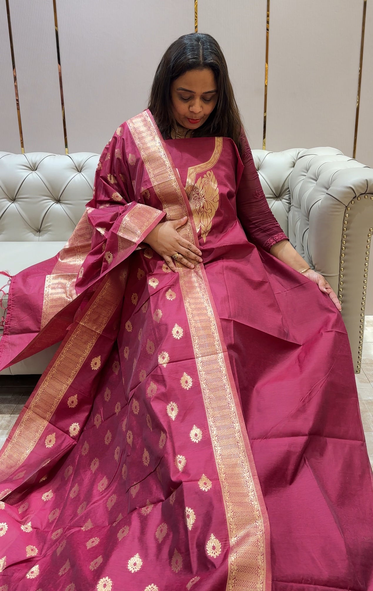 CHANDERI BANARASI UNSTITCHED SALWAR SUITS - IHA 22945