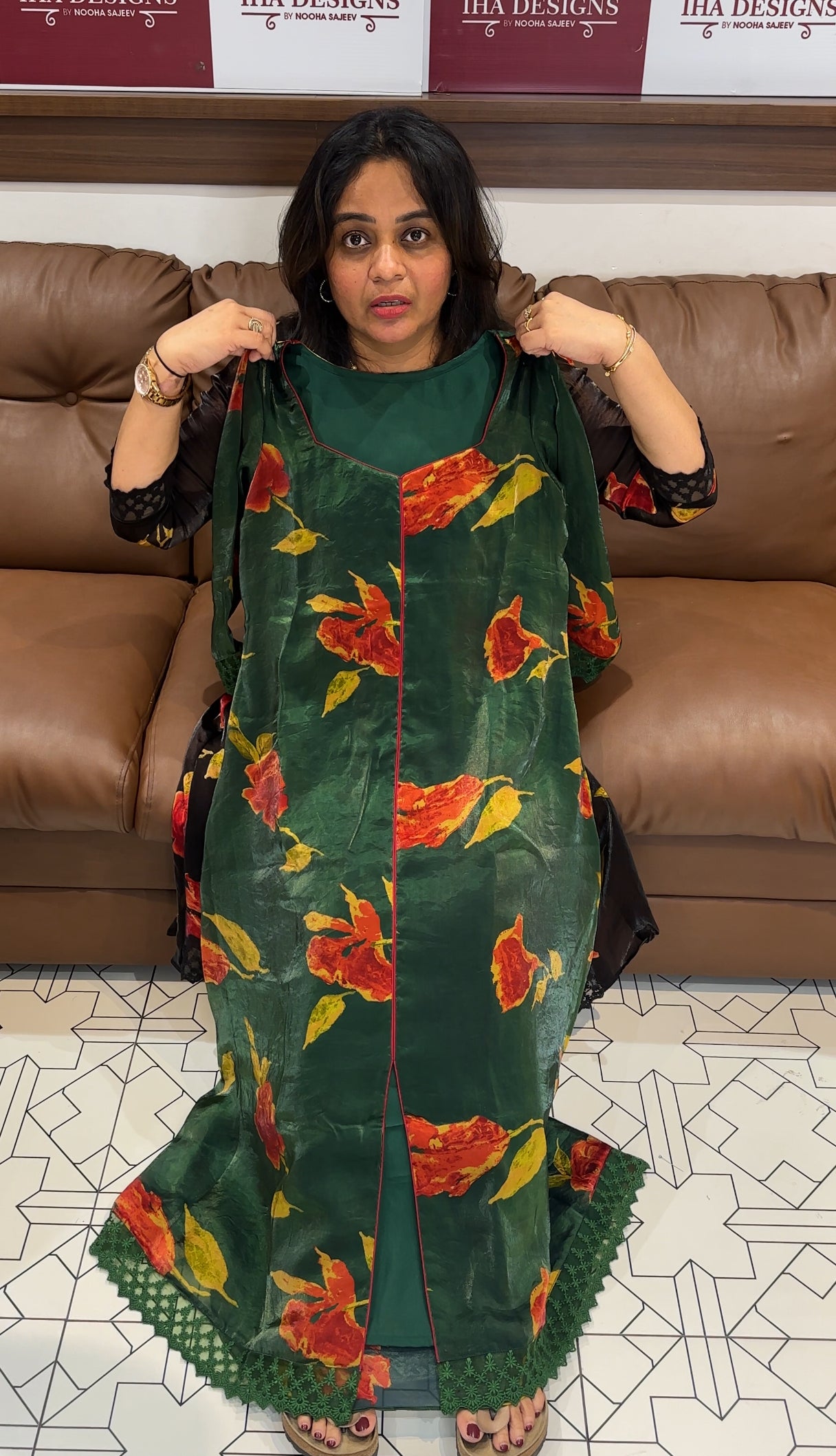 IHA'S IN-HOUSE PRINTED VELVET ORGANZA SLITTED TOPS - IHA 26532