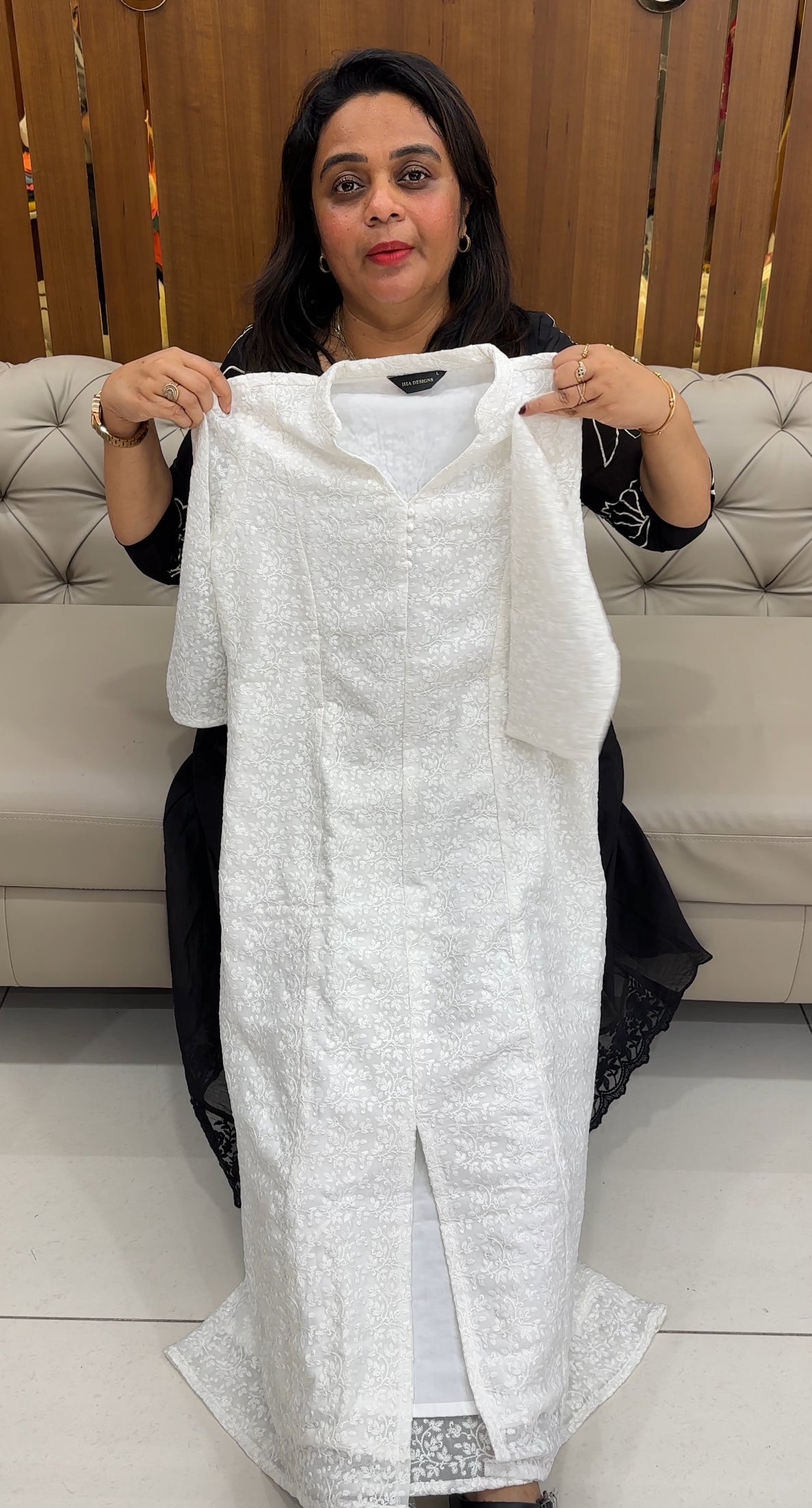 FAUX GEORGETTE CHIKANKARI LONG TOPS - IHA 25924