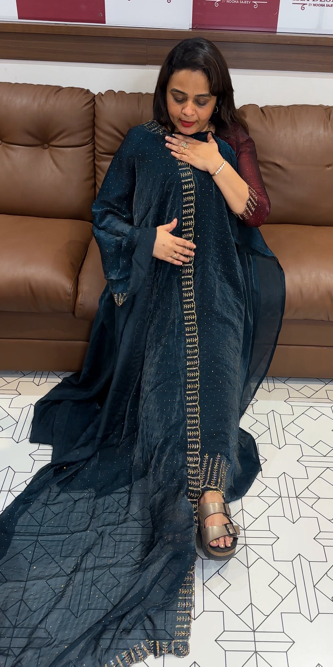 VELVET ORGANZA UNSTITCHED SALWAR SUITS - IHA 25423