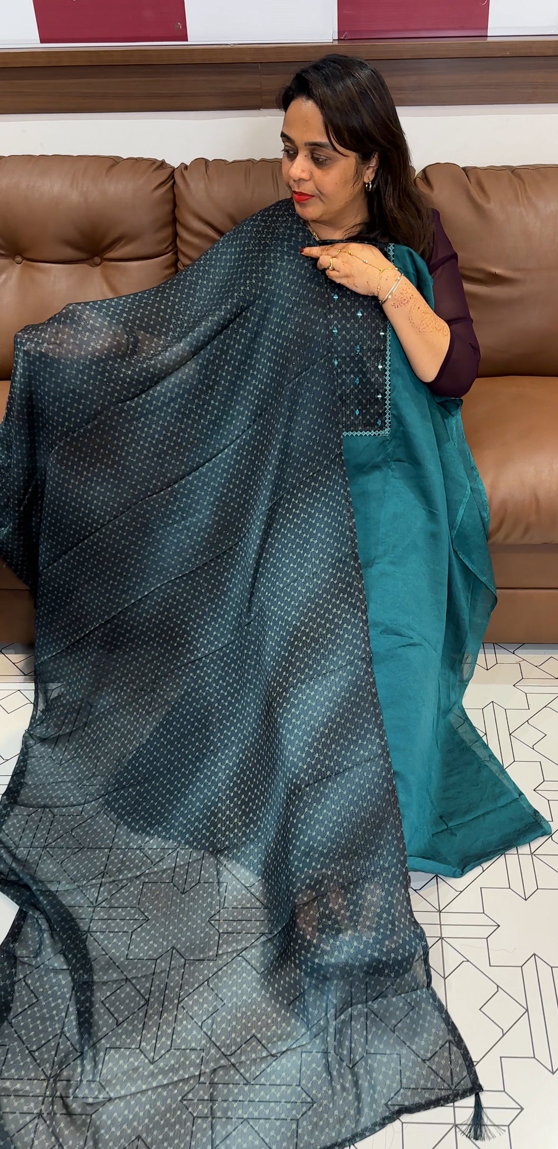 VELVET ORGANZA UNSTITCHED SALWAR SUITS - IHA 23932