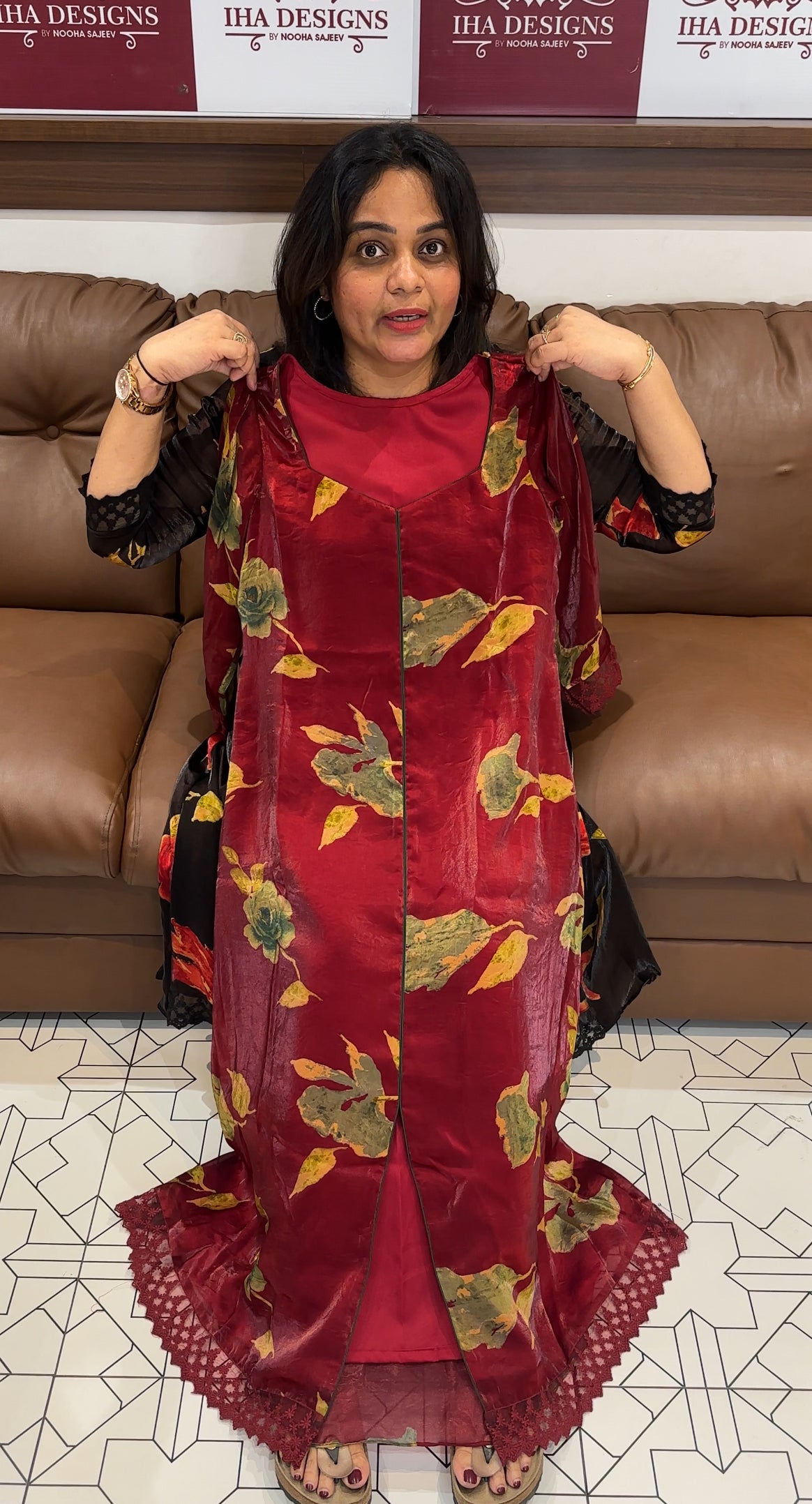 IHA'S IN-HOUSE PRINTED VELVET ORGANZA SLITTED TOPS - IHA 26532