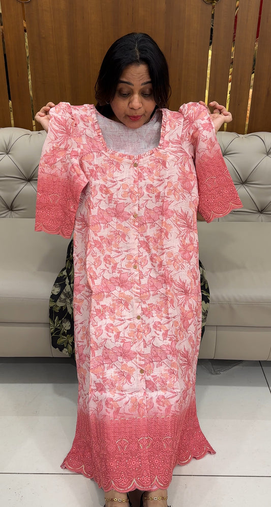 PRINTED LINEN LONG A-LINE FROCKS - IHA 28851