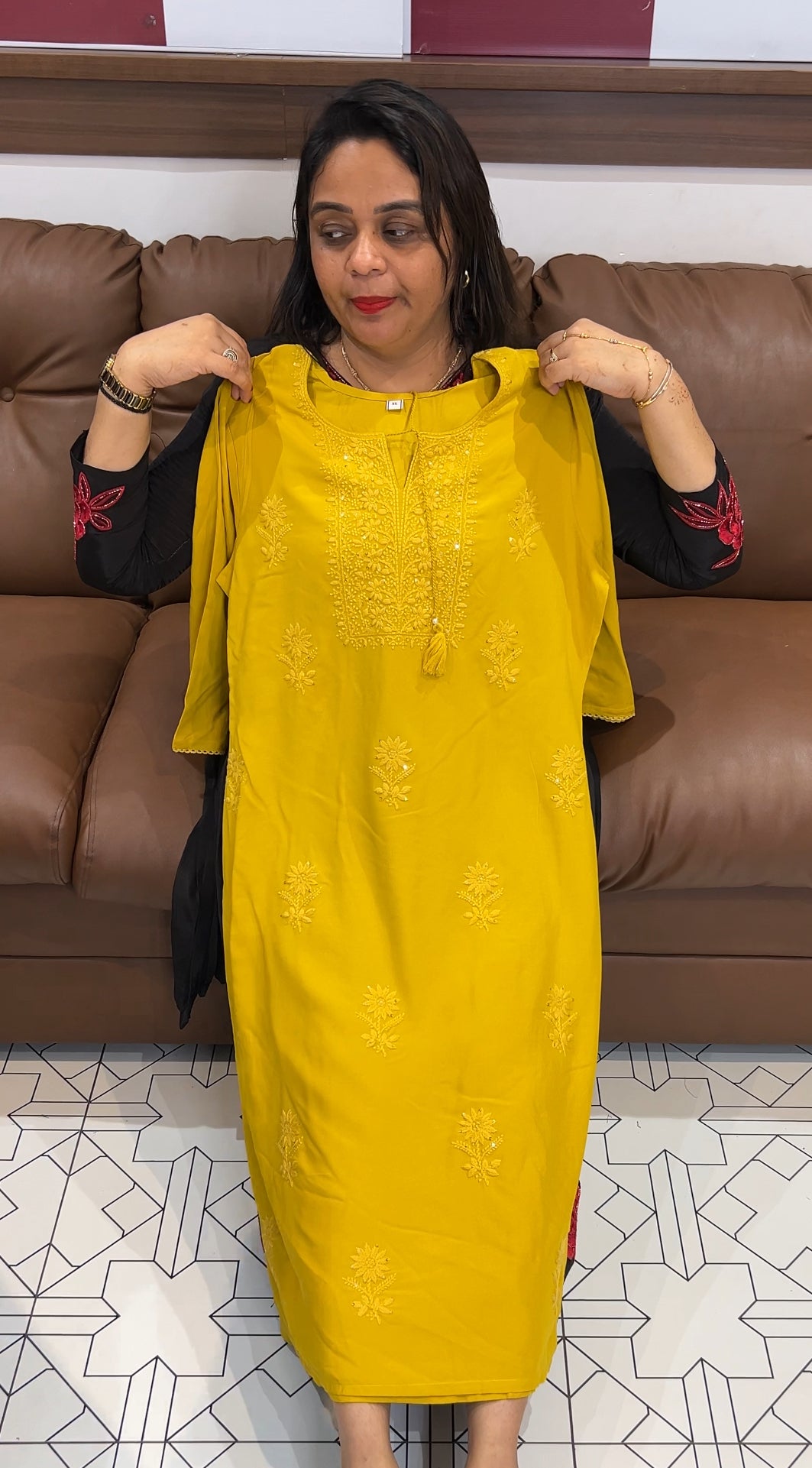 CHIKANKARI RAYON LONG TOP - IHA 24022