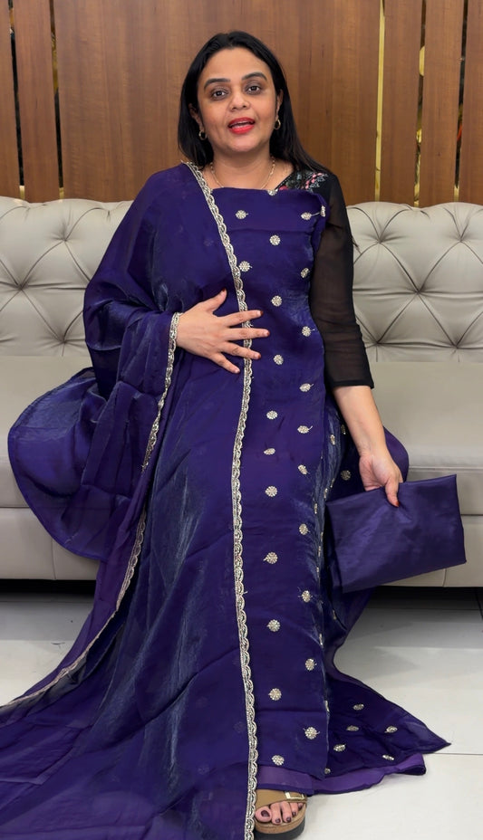 VELVET ORGANZA UNSTITCHED SALWAR SUITS - IHA 33167