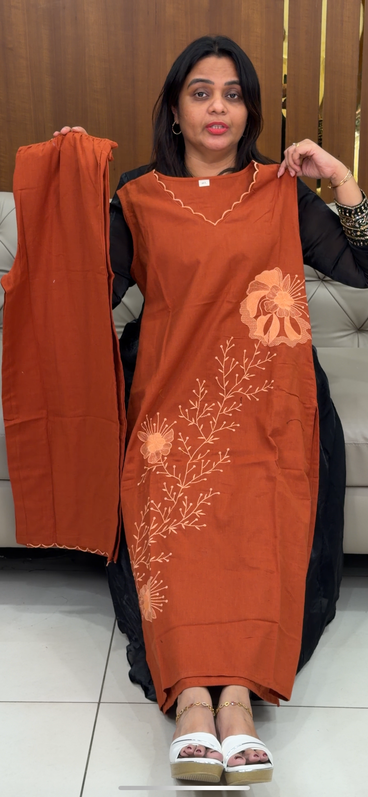 COTTON LINEN LONG SLITTED TOP AND BOTTOM - IHA 29097