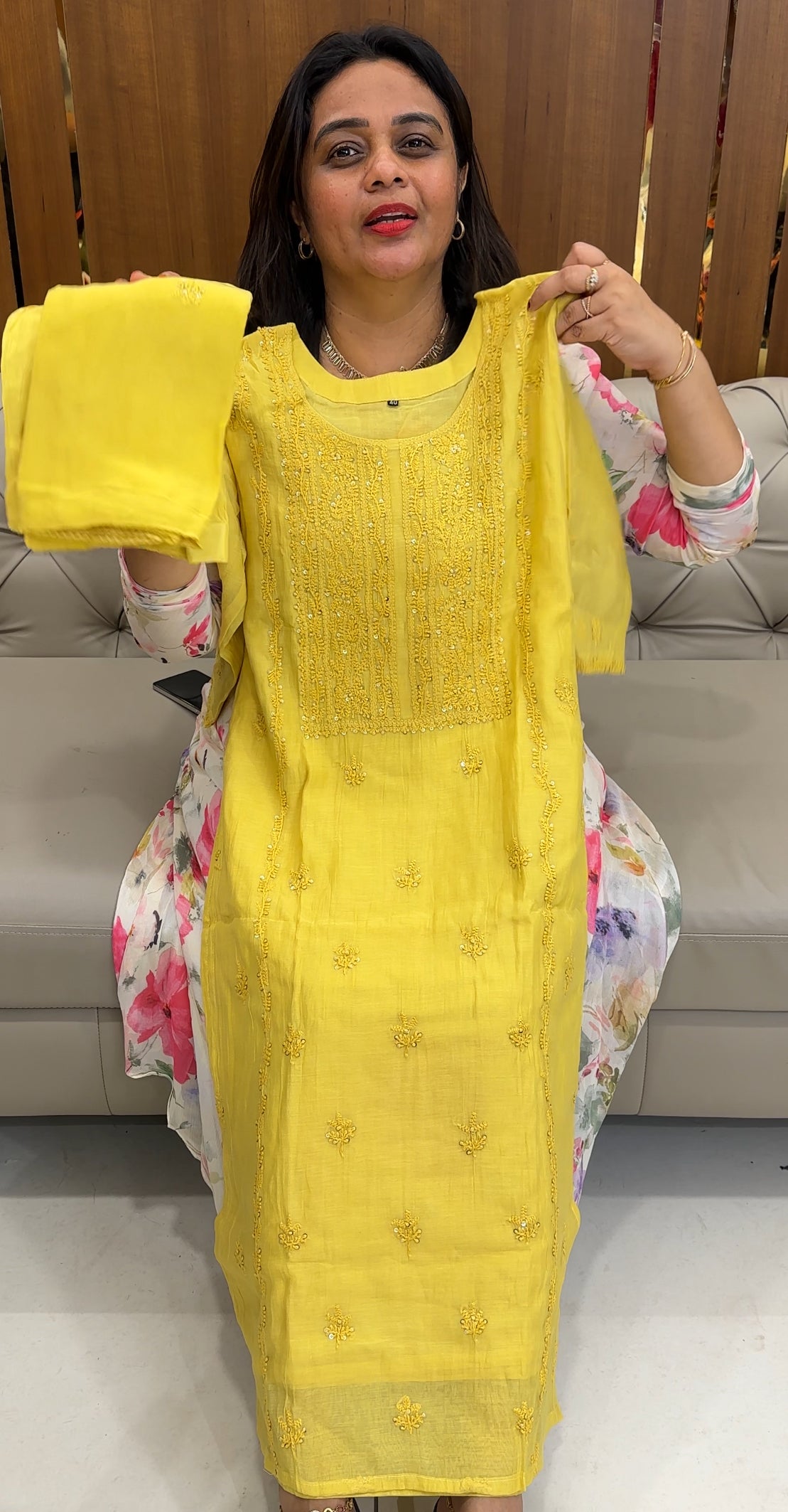 MALAI CHANDERI CHIKANKARI TOP, BOTTOM AND DUPATTA - IHA 26119