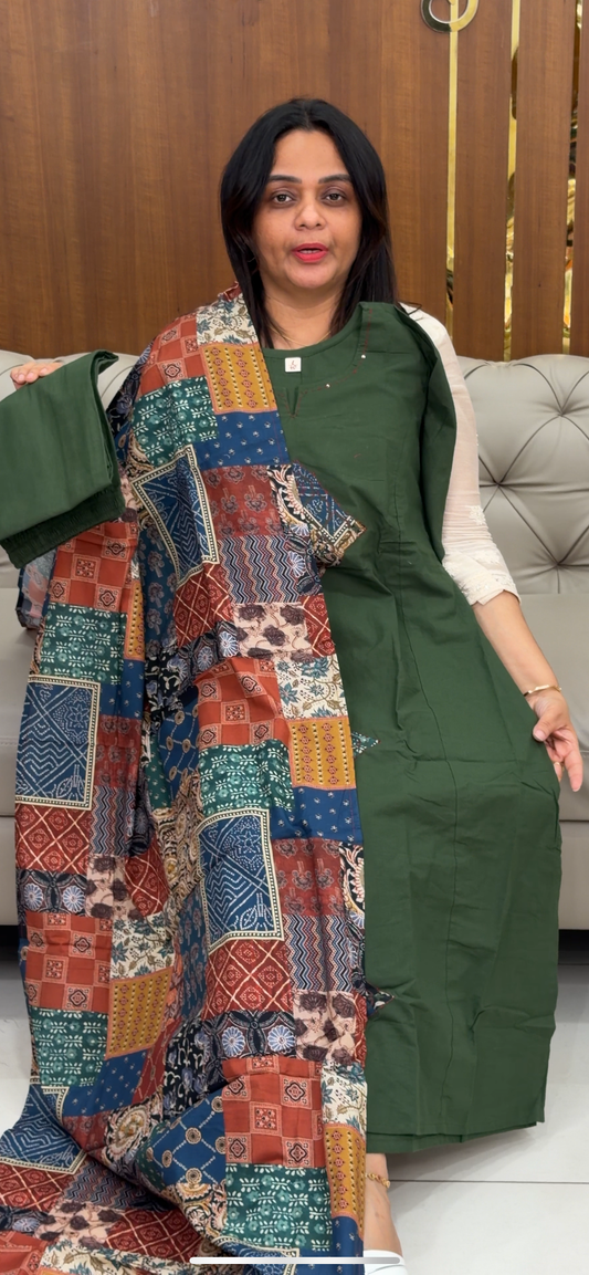 COTTON LONG ALINE TOP, BOTTOM AND DUPATTA - IHA 29220