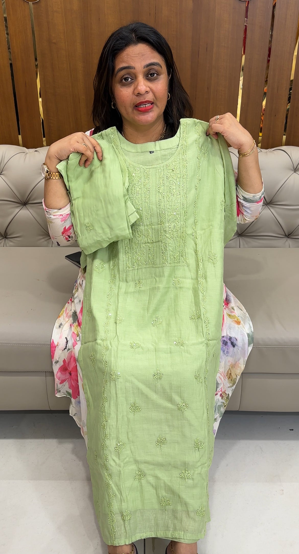 MALAI CHANDERI CHIKANKARI TOP, BOTTOM AND DUPATTA - IHA 26119