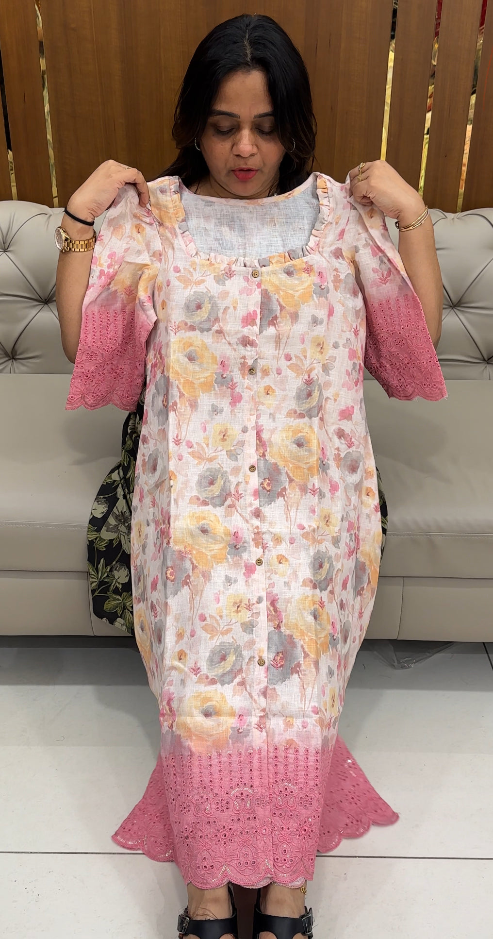 PRINTED LINEN LONG A-LINE FROCKS - IHA 28851