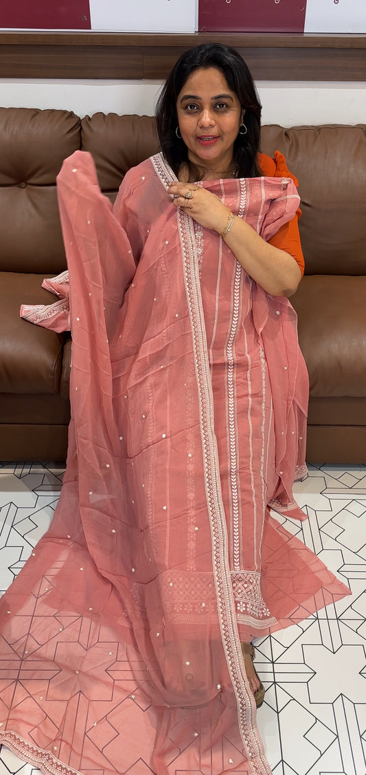 LUCKNOWI CHIKANKARI UNSTITCHED SALWAR SUITS - IHA 26443
