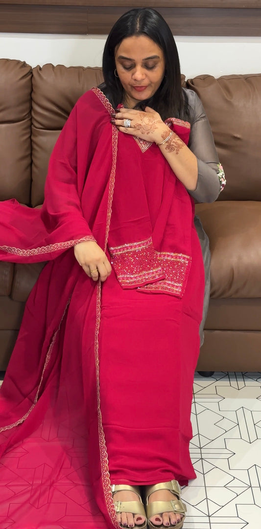 OFFER SALES FAUX GEORGETTE SLITTED TOP,BOTTOM AND DUPATTA - IHA 31491