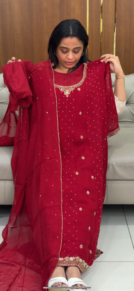 VISCOSE ORGANZA ANARKALI TOP, BOTTOM AND DUPATTA - IHA 29324