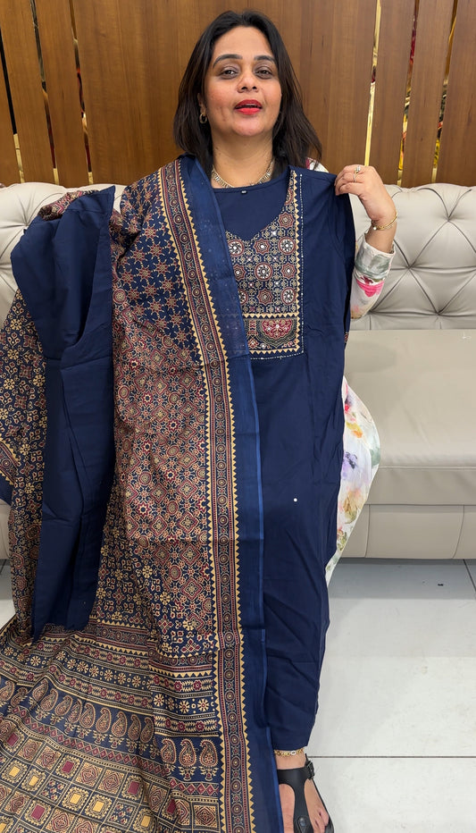 AJRAKH PRINTED TOP, BOTTOM AND DUPATTA - IHA 26137