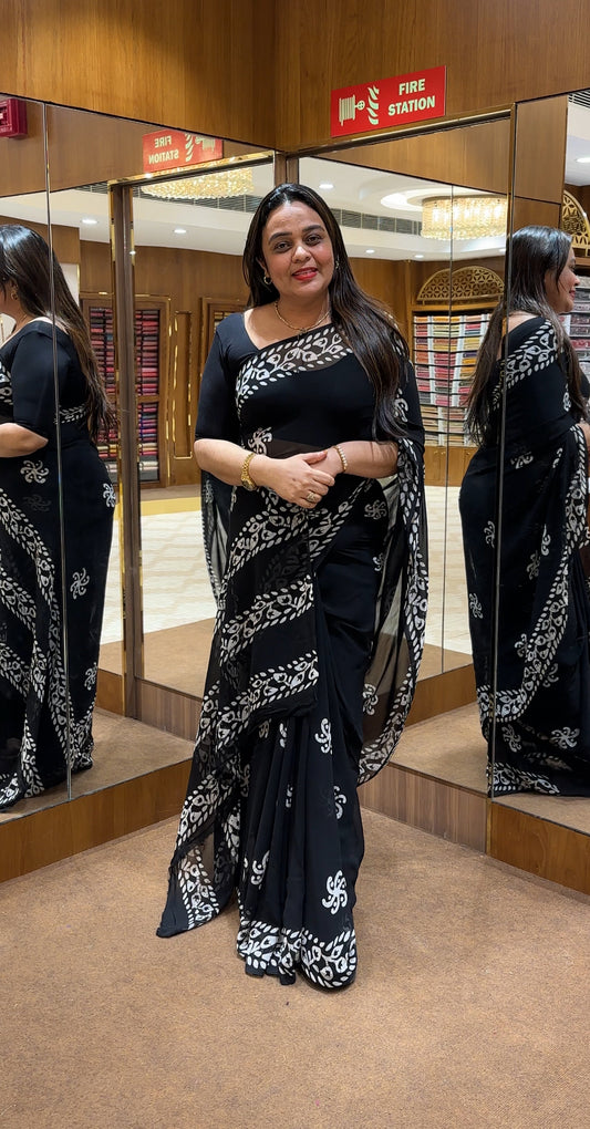 BATIK PRINTED GEORGETTE SAREES - IHA 22575