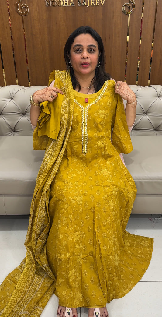 MULCOTTON ANARKALI TOP,BOTTOM AND DUPATTA - IHA 27539