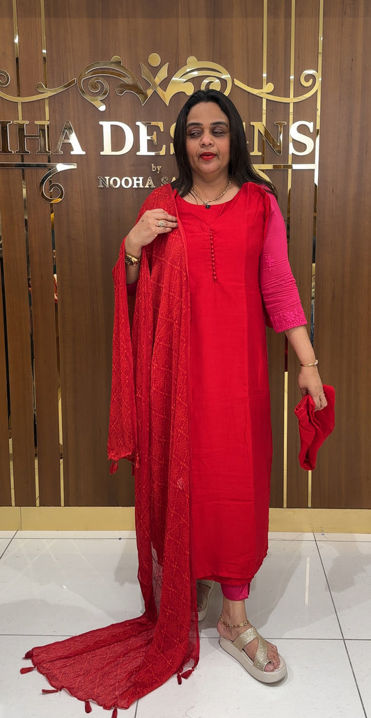 SEMI RAW SILK TOP , BOTTOM AND DUPATTA - IHA 23699