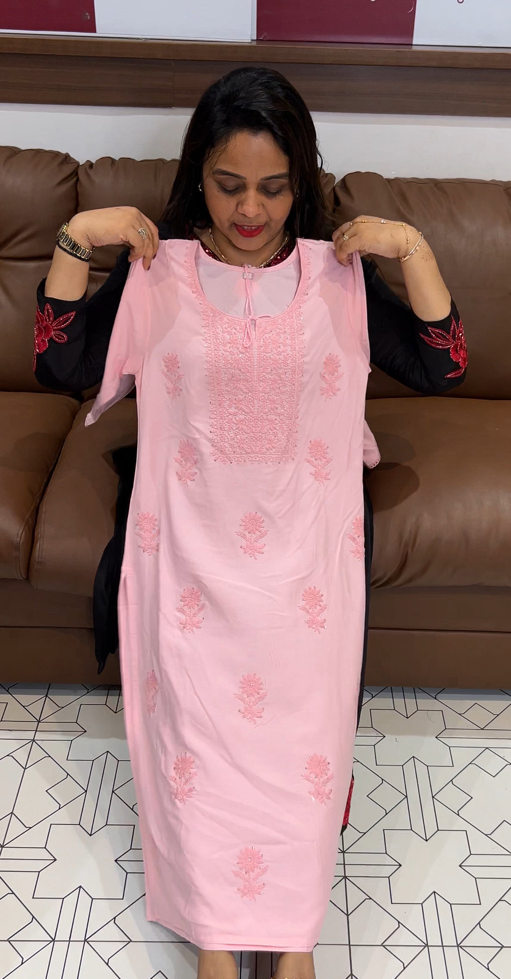 CHIKANKARI RAYON LONG TOP - IHA 24022