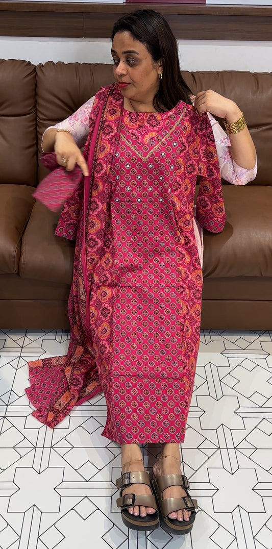 COTTON TOP, BOTTOM AND DUPATTA - IHA 21895