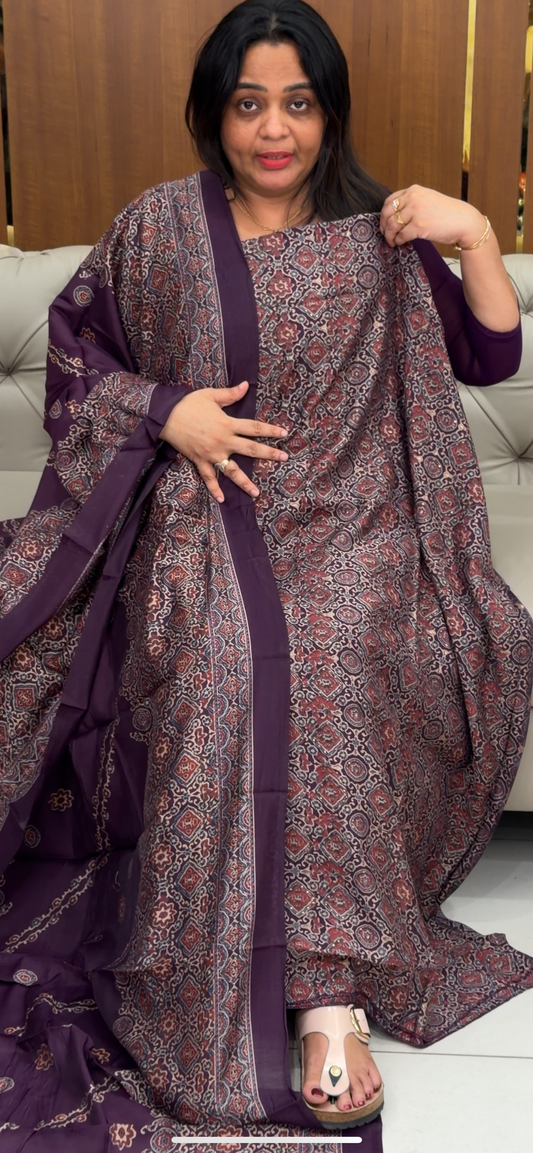 SEMI MODAL AJRAKH PRINTED UNSTITCHED SALWAR SUITS - IHA 29193