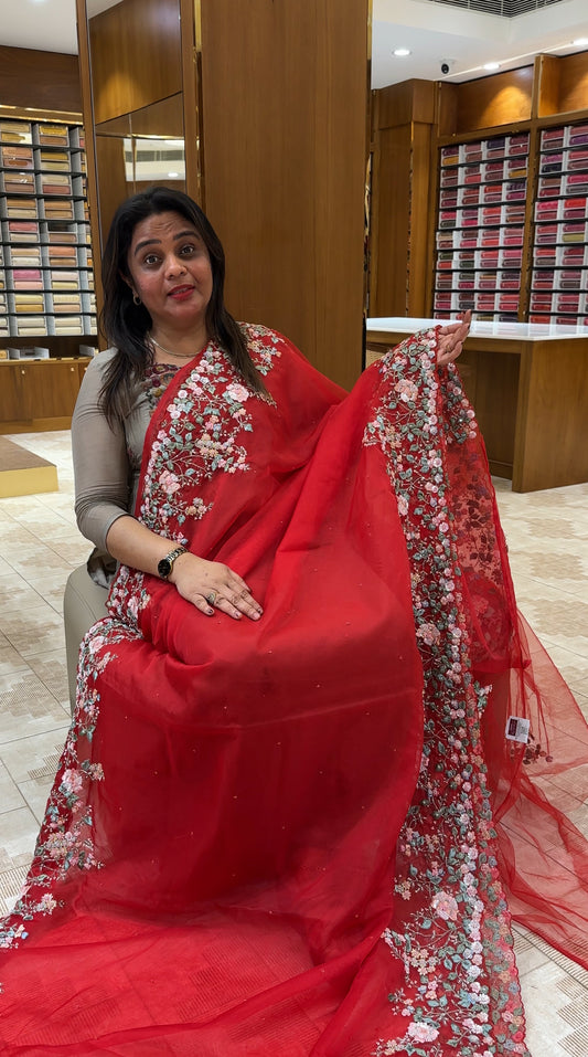 HANDWORKED ORGANZA SAREES - IHA 25854