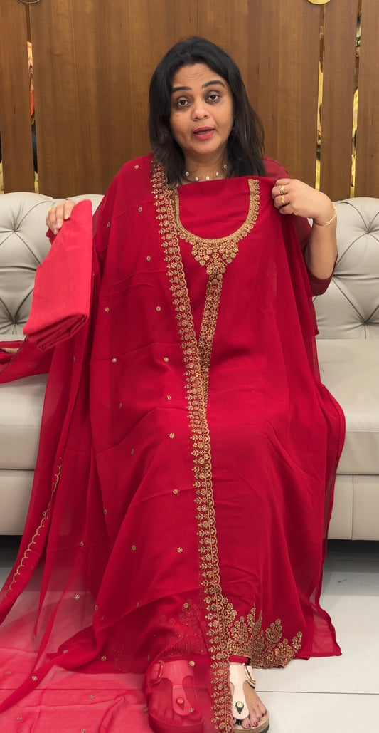 FORWARD HAND WORKED GEORGETTE TOP,BOTTOM AND DUPATTA - IHA 28708