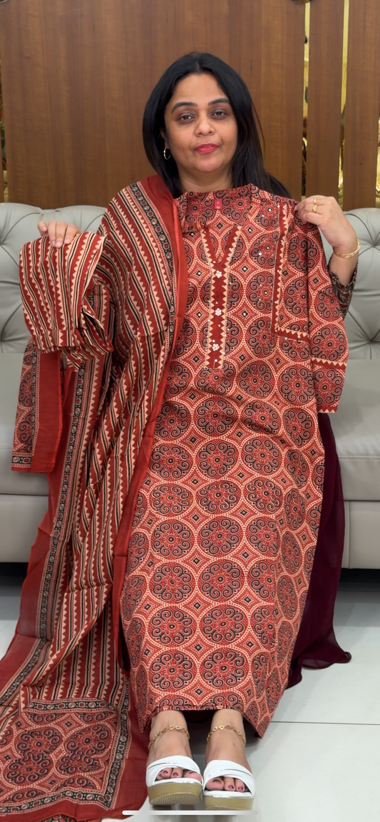 COTTON AJRAKH TOP , BOTTOM AND DUPATTA - IHA 29221