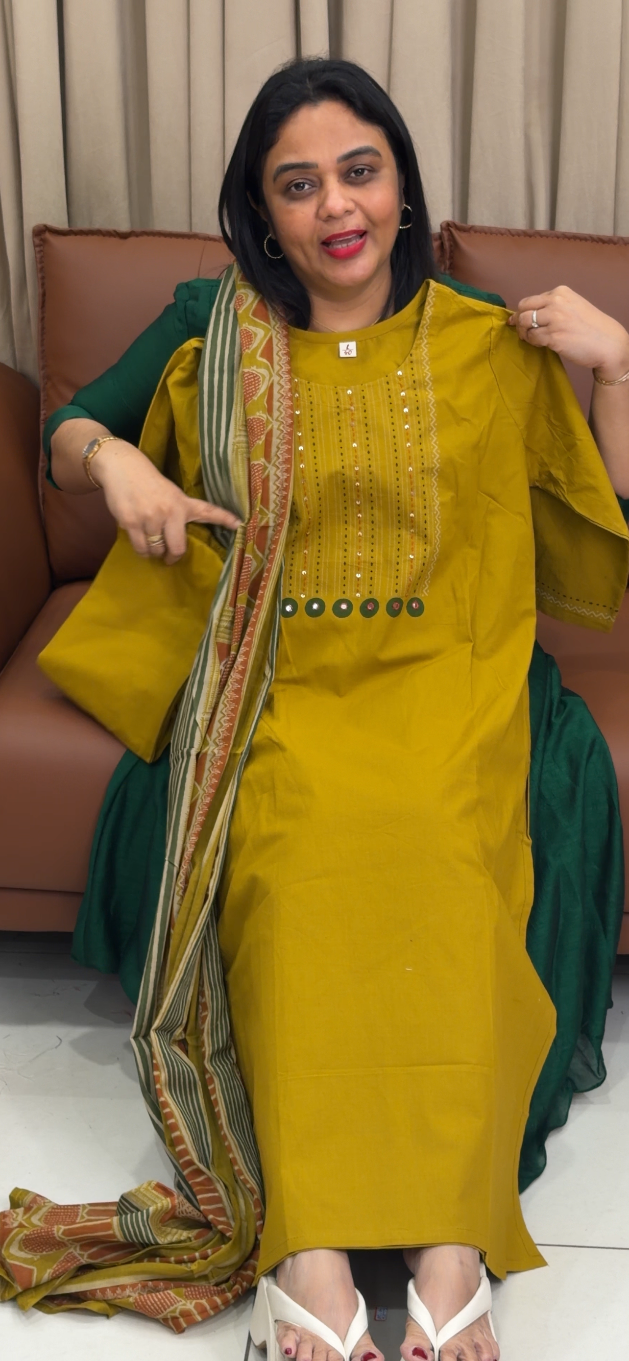 COTTON LONG SLITTED TOP, BOTTOM AND DUPATTA - IHA 33803