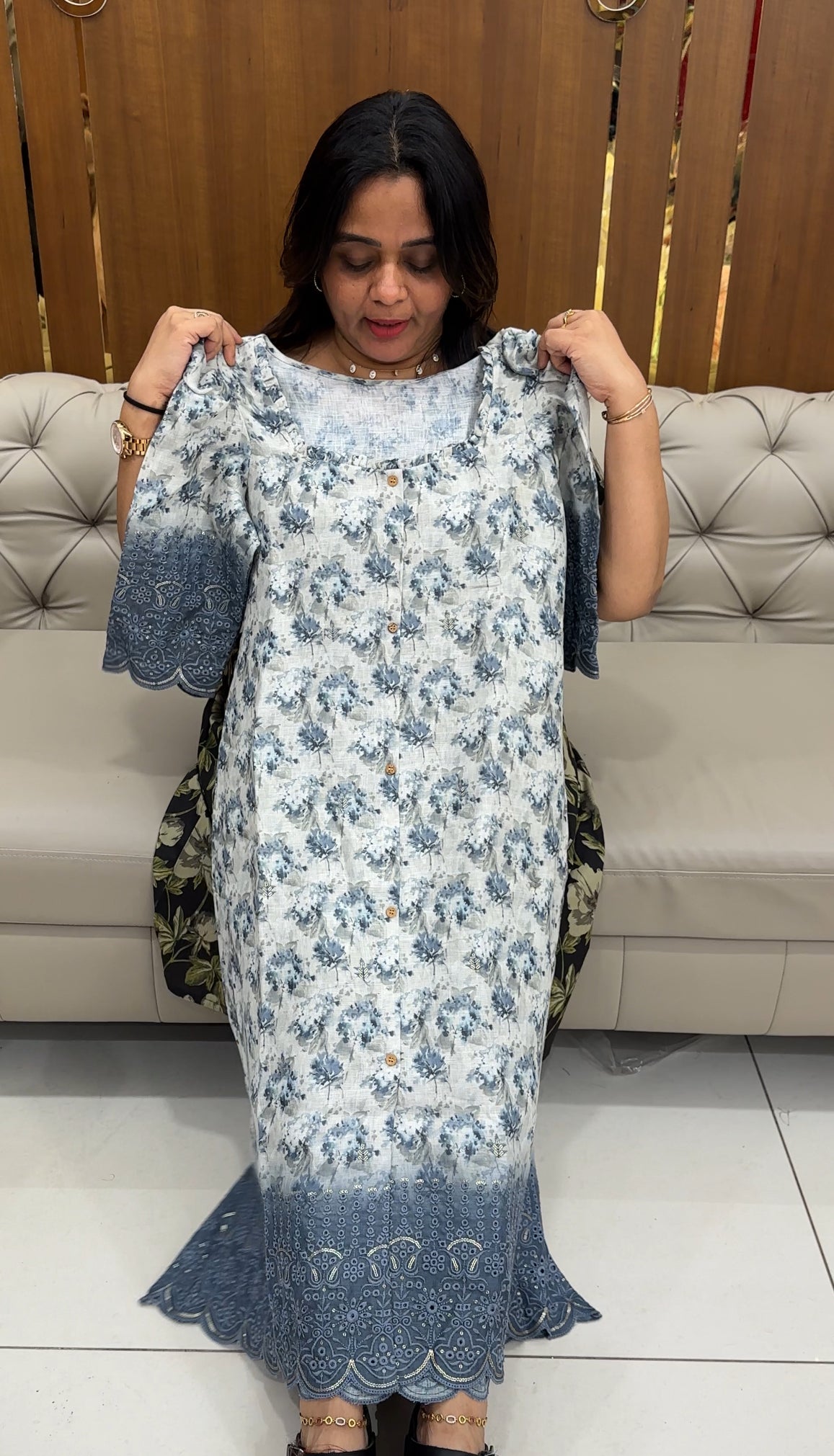 PRINTED LINEN LONG A-LINE FROCKS - IHA 28851