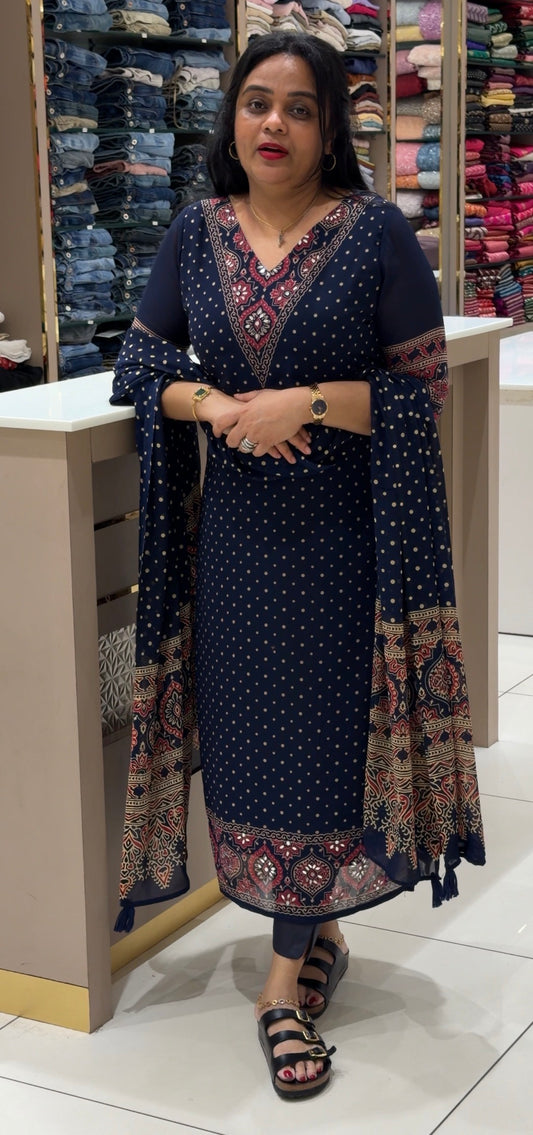 GEORGETTE AJARAKH PRINTED UNSTITCHED SALWAR SUITS - IHA 34592
