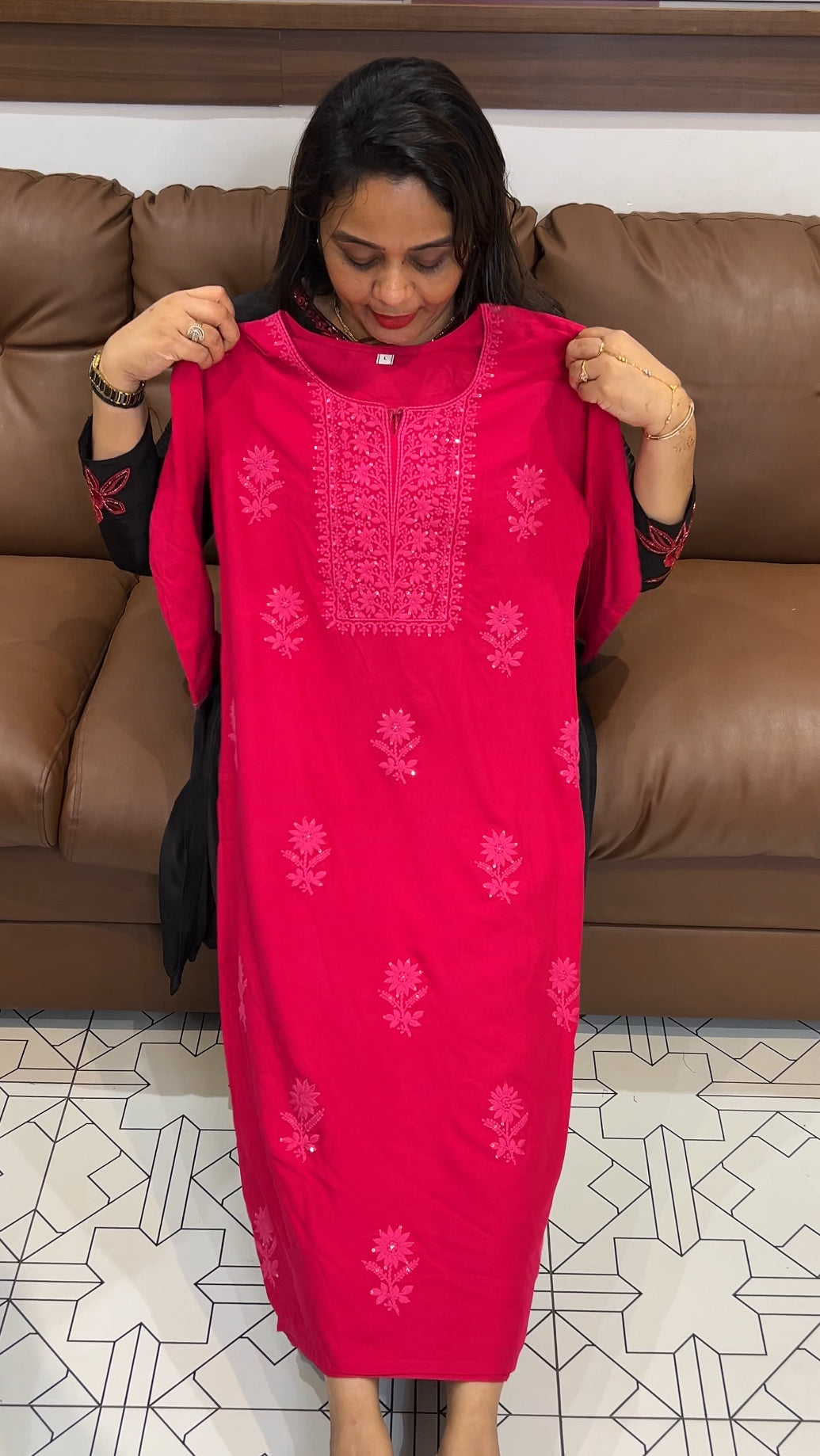 CHIKANKARI RAYON LONG TOP - IHA 24022