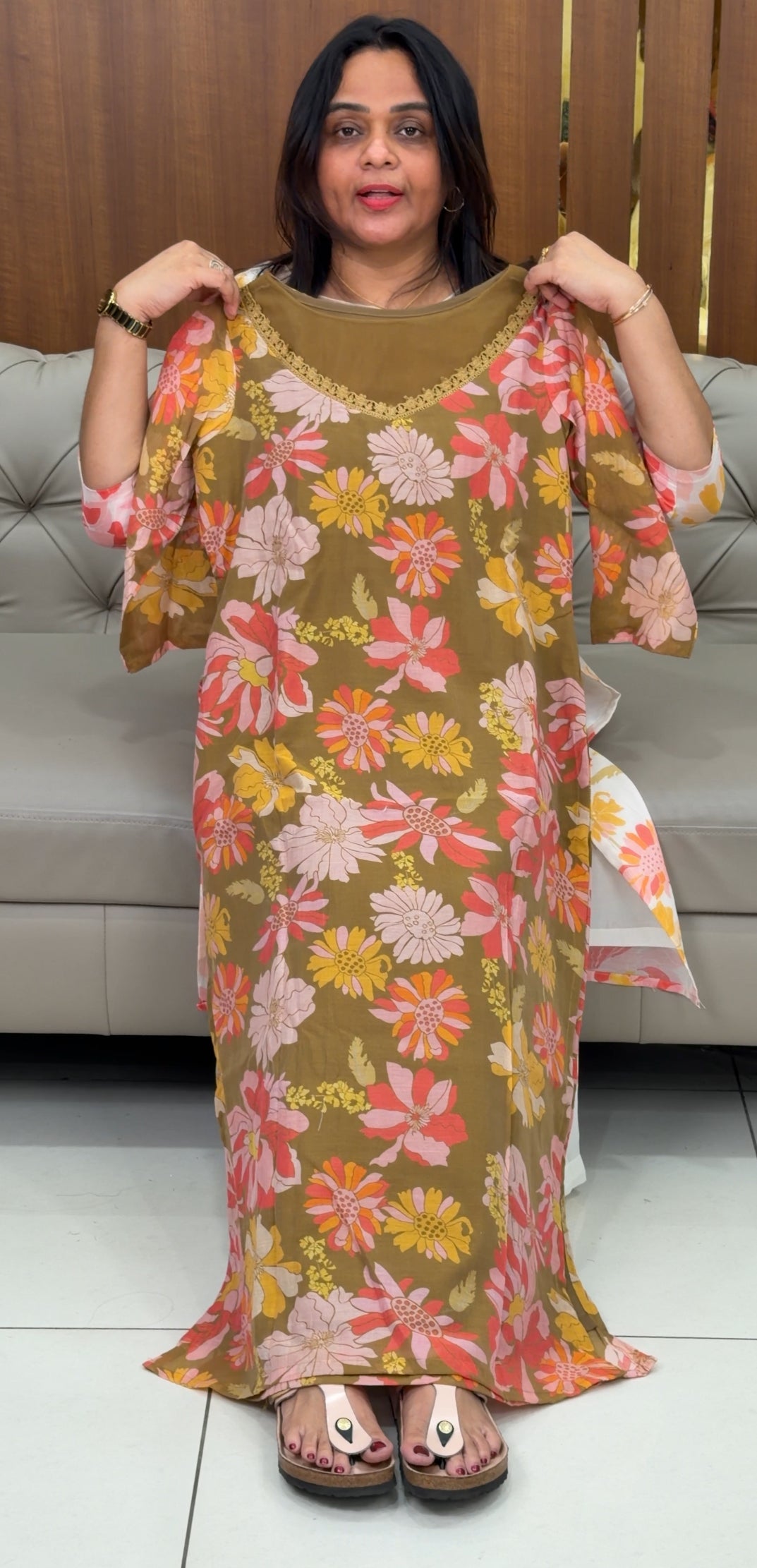 IHA’S IN-HOUSE PRINTED CHANDERI SLITTED TOPS - IHA 28952