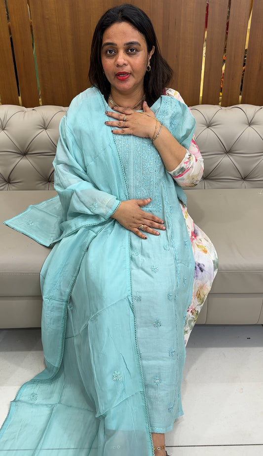 MALAI CHANDERI CHIKANKARI TOP, BOTTOM AND DUPATTA - IHA 26119