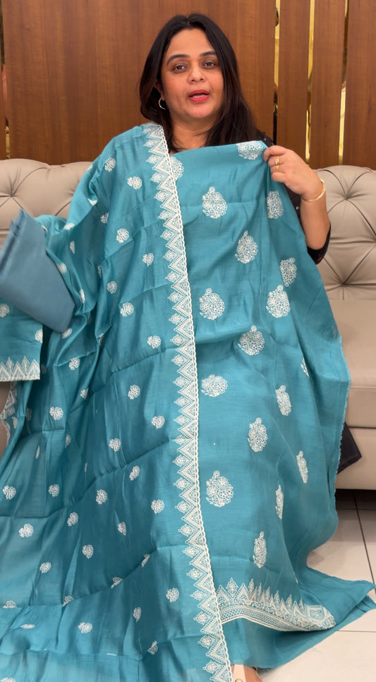 MUL CHANDERI UNSTITCHED SALWAR SUITS - IHA 29143