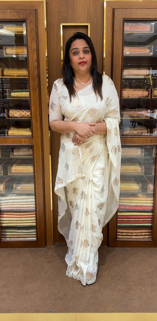 IHA'S IN-HOUSE PRINTED MALAI CHANDERI SAREES - IHA 25346
