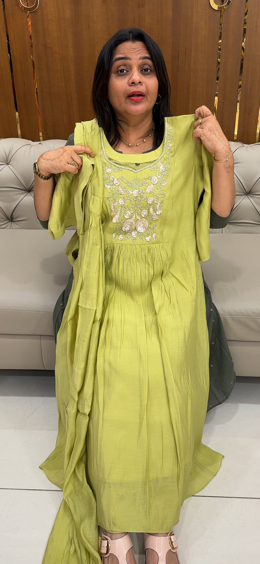 HAND WORKED CHANDERI TOP, BOTTOM AND DUPATTA - IHA 27596
