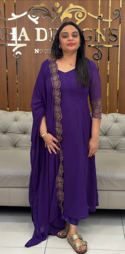 FAUX GEORGETTE ALINE TOP , BOTTOM AND DUPATTA - IHA 32805