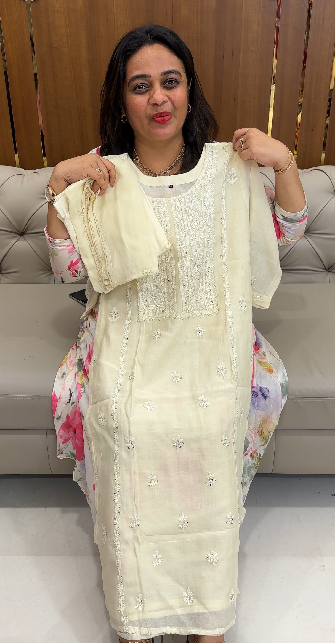MALAI CHANDERI CHIKANKARI TOP, BOTTOM AND DUPATTA - IHA 26119