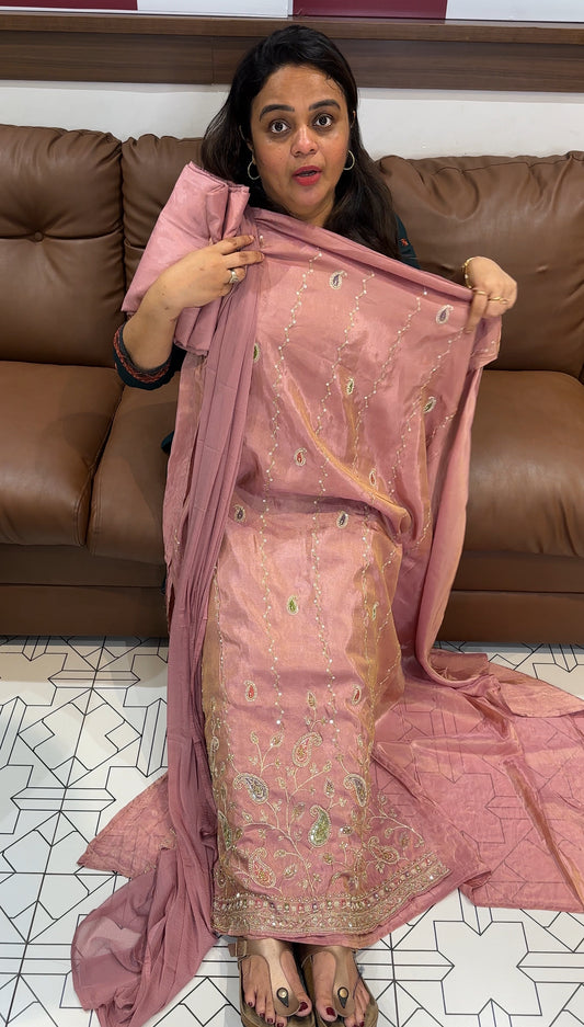 TISSUE HAND WORKED UNSTITCHED SALWAR SUITS - IHA 26332