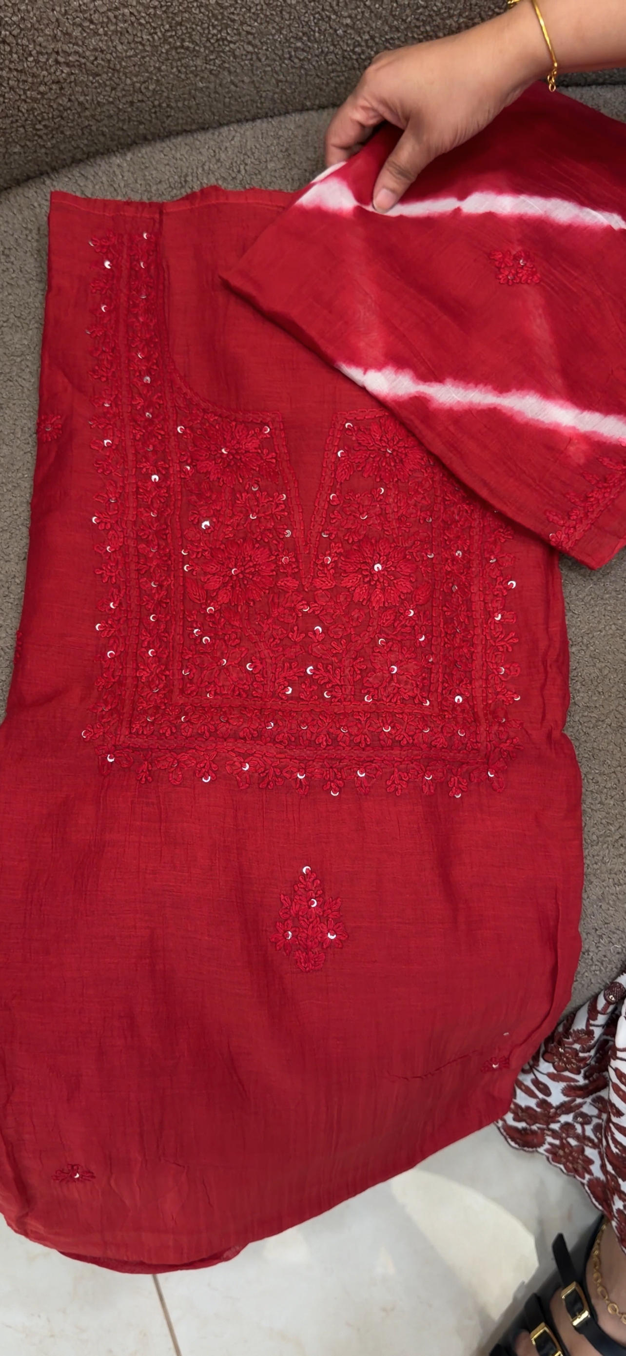 MUL CHANDERI CHIKANKARI UNSTITCHED SALWAR SUITS - IHA 34348