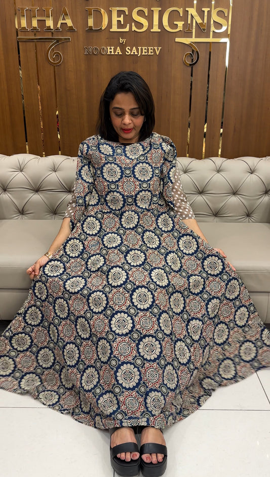 COTTON AJRAKH PRINTED ANARKALI TOPS - IHA 25289