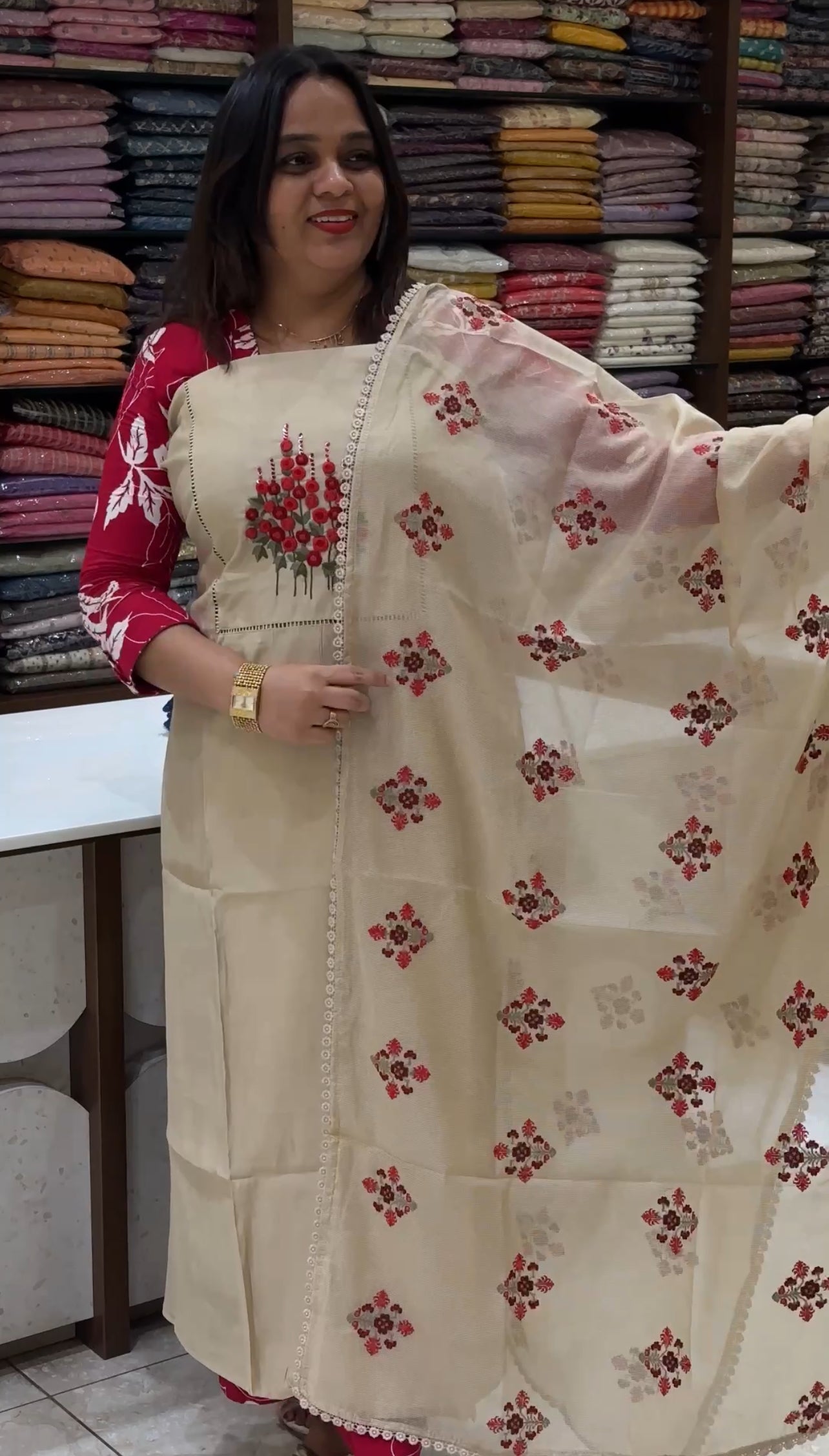 HANDWORKED CHANDERI UNSTITCHED SALWAR SUITS - IHA 18391