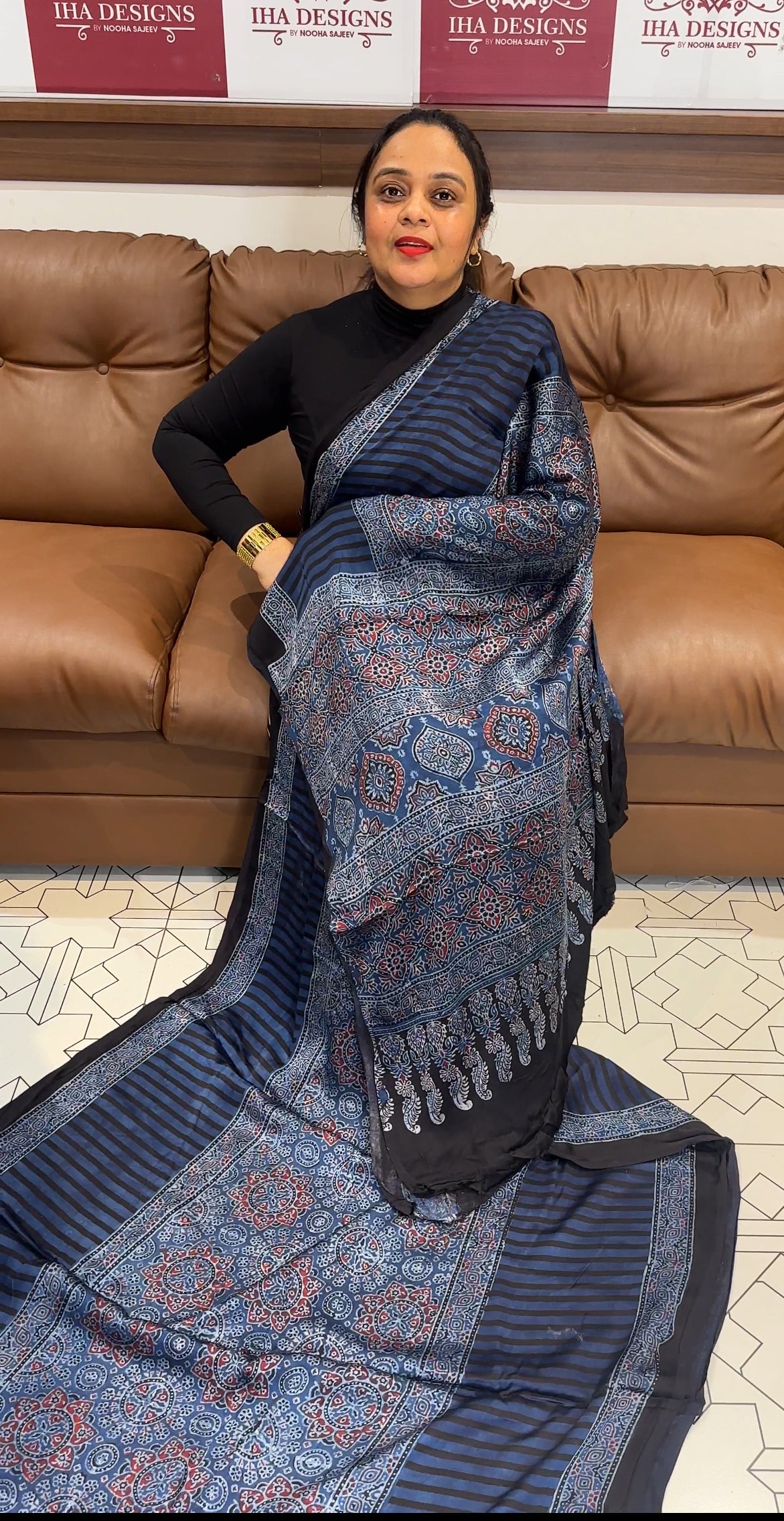 AJRAKH PRINTED MODAL SILK SAREE - IHA 19307