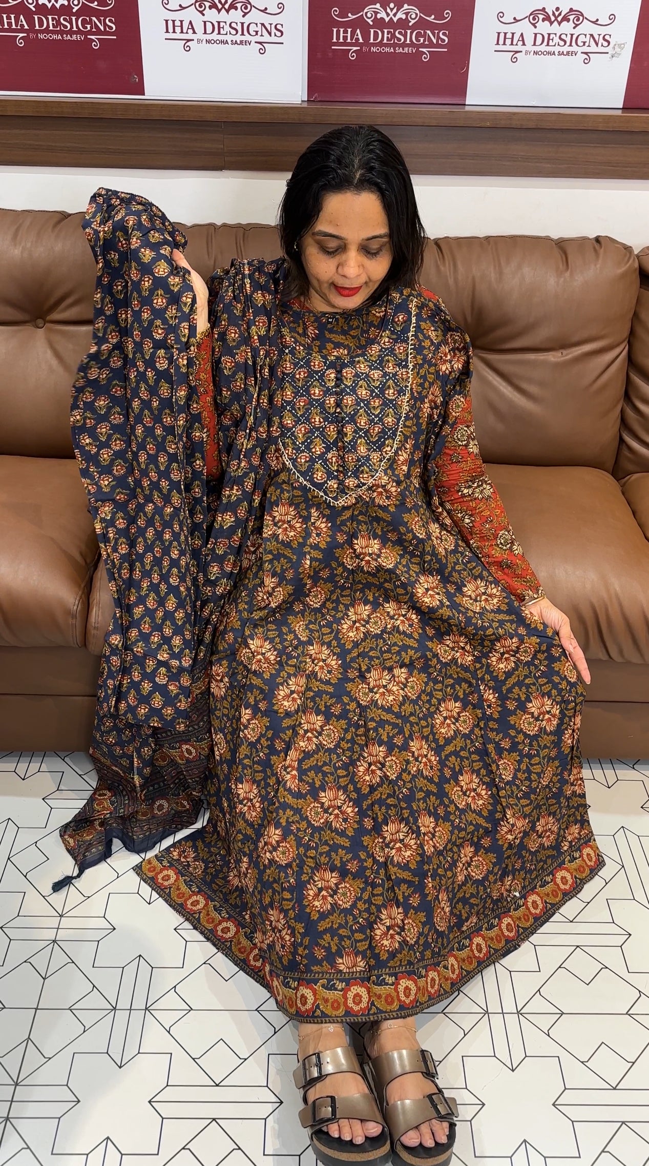 PRINTED COTTON ANARKALI TOP,BOTTOM AND DUPATTA - IHA 19393